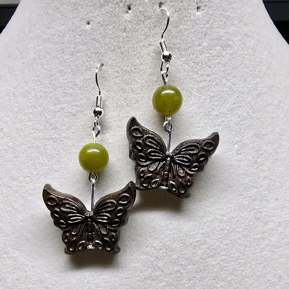 Butterfly Wooden Earrings with Natural Jade Beads - Handcrafted Jewelry with Unique Design