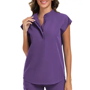 VECARDI Purple Short Sleeve Scrub Top | Stand Collar, Stretch & Breathable for Healthcare Workers