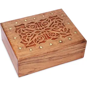 Wooden Handcrafted Decorative  Storage Box Large Celtic Design Multipurpose Treasure Chest Organizer Travel Keepsake Trinket Holder Necklaces Watch Box Gifts 9x7 Inch