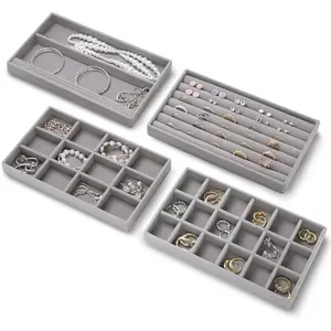 Organizer Trays Set of 4,8.3"x4.9"x0.9",Stackable Storage Drawer Organizers Trays for Earring Ring Necklace  Display Case for Women(4 Set,Gray)