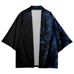 TOP 2024 Summer Kimono Cross-border Petal 3D Printing Seven-point Shirt Daoist Robe Cardigan Loose Men's and Women's Feather Weaving Sunscreen Clothes Womenswear Uniforms Workwear Gamis Black