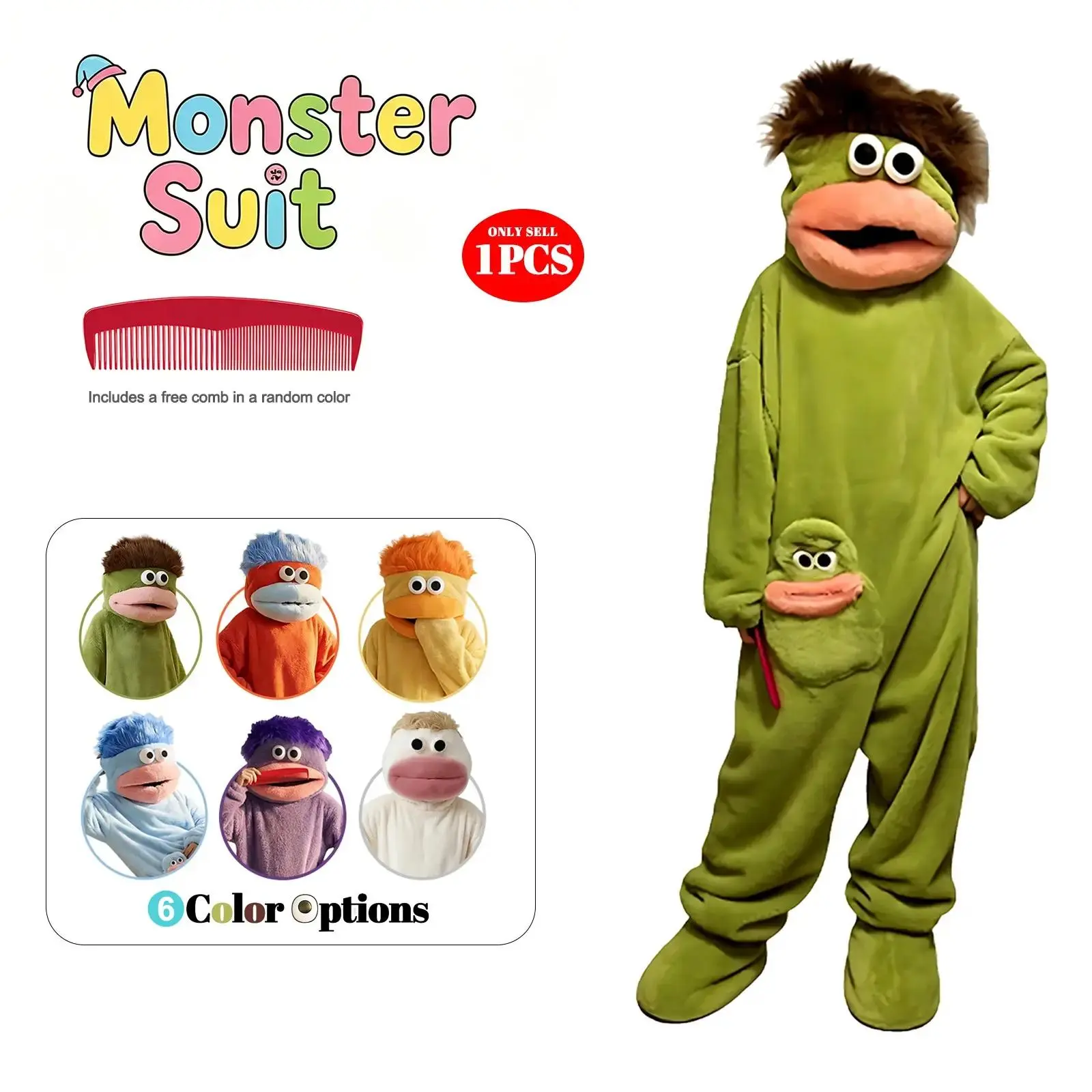 Men's Cute Monster Hooded Fleece Pajama Set, Loose Cozy Loungewear with Robe and Comb