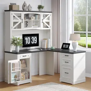ONBRILL 72" L-Shaped Executive Desk with Hutch, Farmhouse L-Shaped Computer Desk with 4 Drawers, File Drawer and Power Outlet, Home Office Computer Desk for Living Room,Study Room