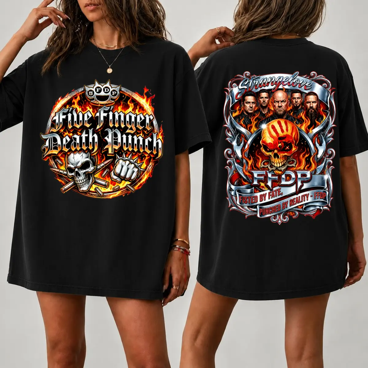 Five Finger Death Punch Vintage Band T-Shirt, FFDP Skull Graphic Oversized Heavy Metal Unisex Tee