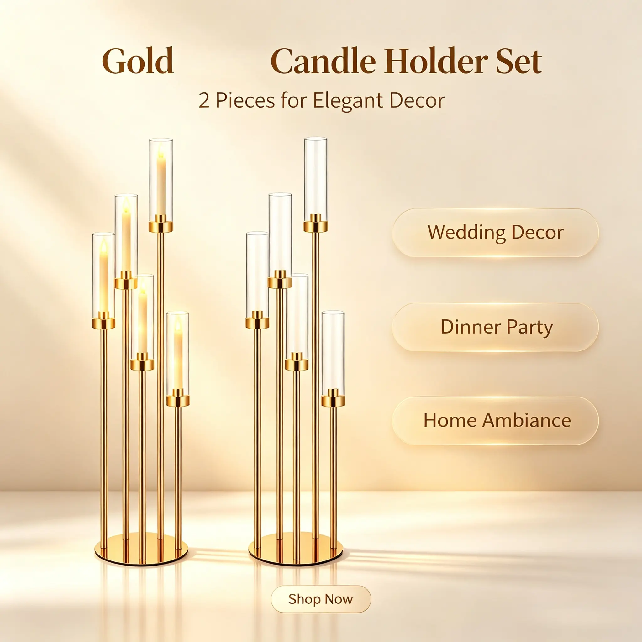 Gold 5-Arm Metal Candle Holder with Acrylic Shade - 1/2 Pcs, 42.5" Tall Ornate Candelabras for LED Taper Candles, Gold Decor Metal Series, Wedding Home Decor, Romantic Bedroom Accessories, Gold Candle Holders