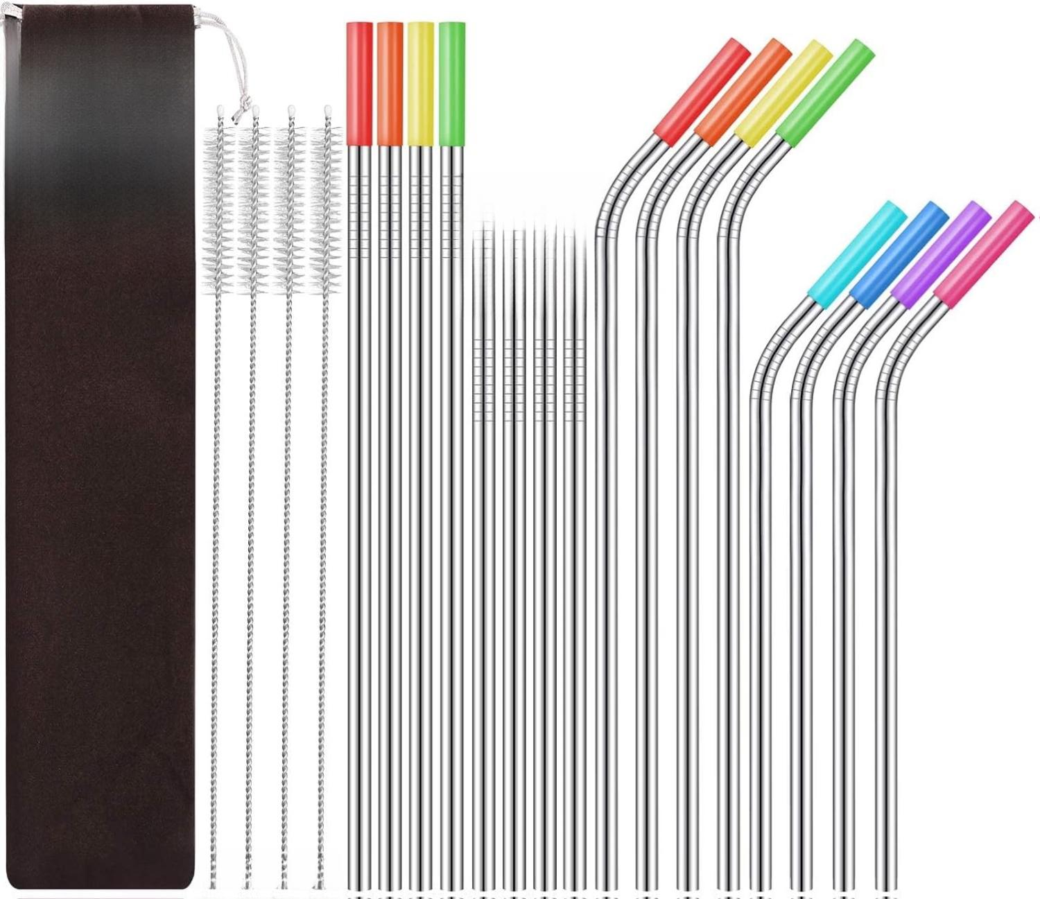 Set of 16 Reusable Stainless Steel Straws with Travel Case Cleaning Brush Silicone Tips Eco Friendly Extra Long Metal Straws for 20 24 30 oz Tumbler