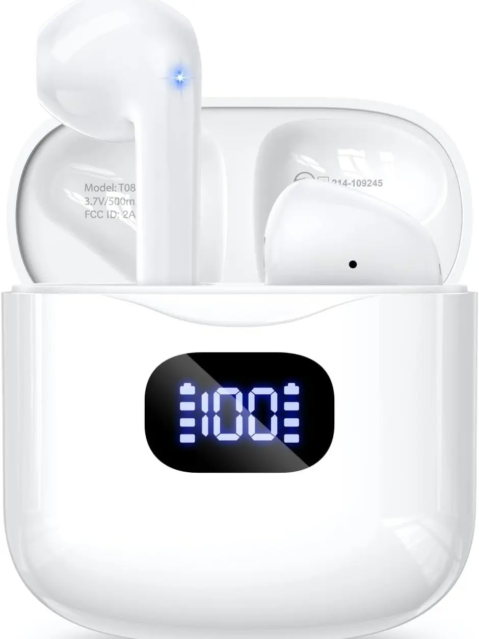 KTGEE Wireless Earbuds Bluetooth 5.3 Ear Buds Headphones, 40Hrs Playback Stereo Sound, LED Display, IPX7 Waterproof, Compact In-ear Earphones with Mic for Phone Tablet Laptop Sport, White