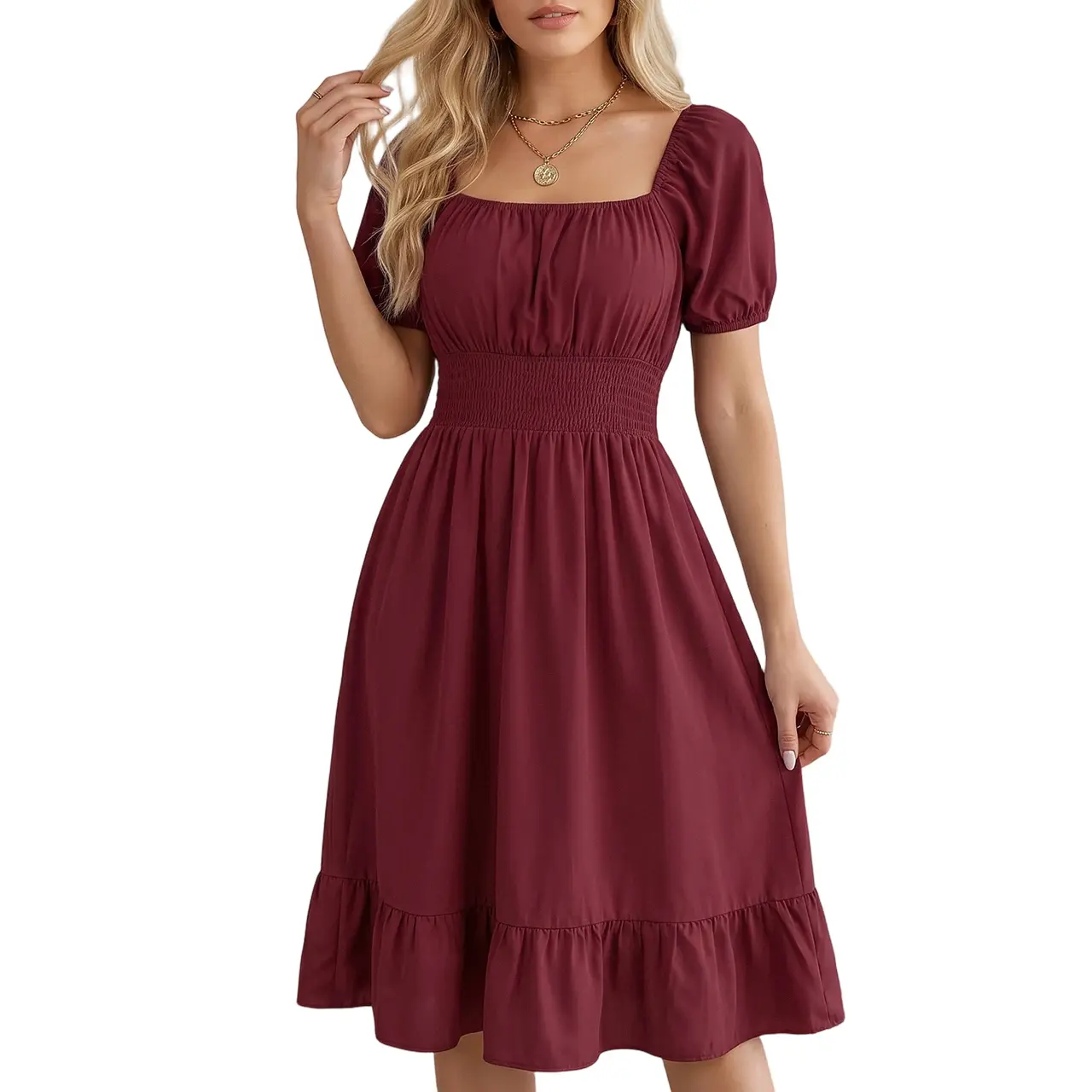 Women's Burgundy Elegant Chic Short Sleeve Square Neck Puff-Sleeve Ruffle Hem Mini Pencil Dress - Relax Fit, Loose, Minimalist Basic Poly Spandex, Machine Washable Vacation Outfit XTK4725M, Pull-On