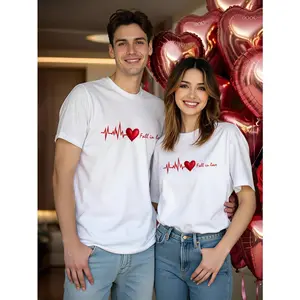 Manfinity Homme Valentine's Day Romantic Heart Beat Slogan Casual Print White Crew Neck T-Shirt For Men, Regular Fit,Gift for Her & Him, Cozy Tee