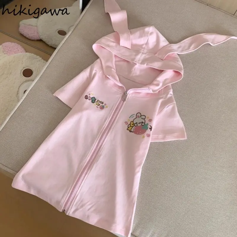 Rabbit Ears Hooded Jackets for Women 2025 Ropa Mujer Preppy Style Summer Tops Short Sleeve Zipper Cartoon Print Cute Coats