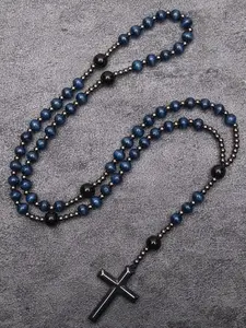 Wood Bead Gizzard Cross Pendant Necklace, Religious Wish Necklace Unisex, Long Prayer Beads, Unique Gift Idea, Durable Fashion Design, Cross Necklaces