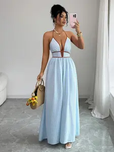 Women's Vacation Striped Deep V Neck Backless Dress, Sexy Halter Maxi Dress, Summer Casual Fashion, Perfect for Parties and