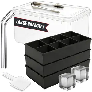 3-Pack Large Silicone Ice Cube Trays with Bin, Scoop, Tongs & 2 SS Straws – Easy Release Ice Maker for Whiskey, Cocktails, Coffee (Black)