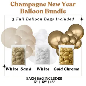 Champagne New Year  Balloon Bundle - White Sand, White, Chrome Gold - Sizes 5"- 12"- 18" - Perfect for New Year Celebrations