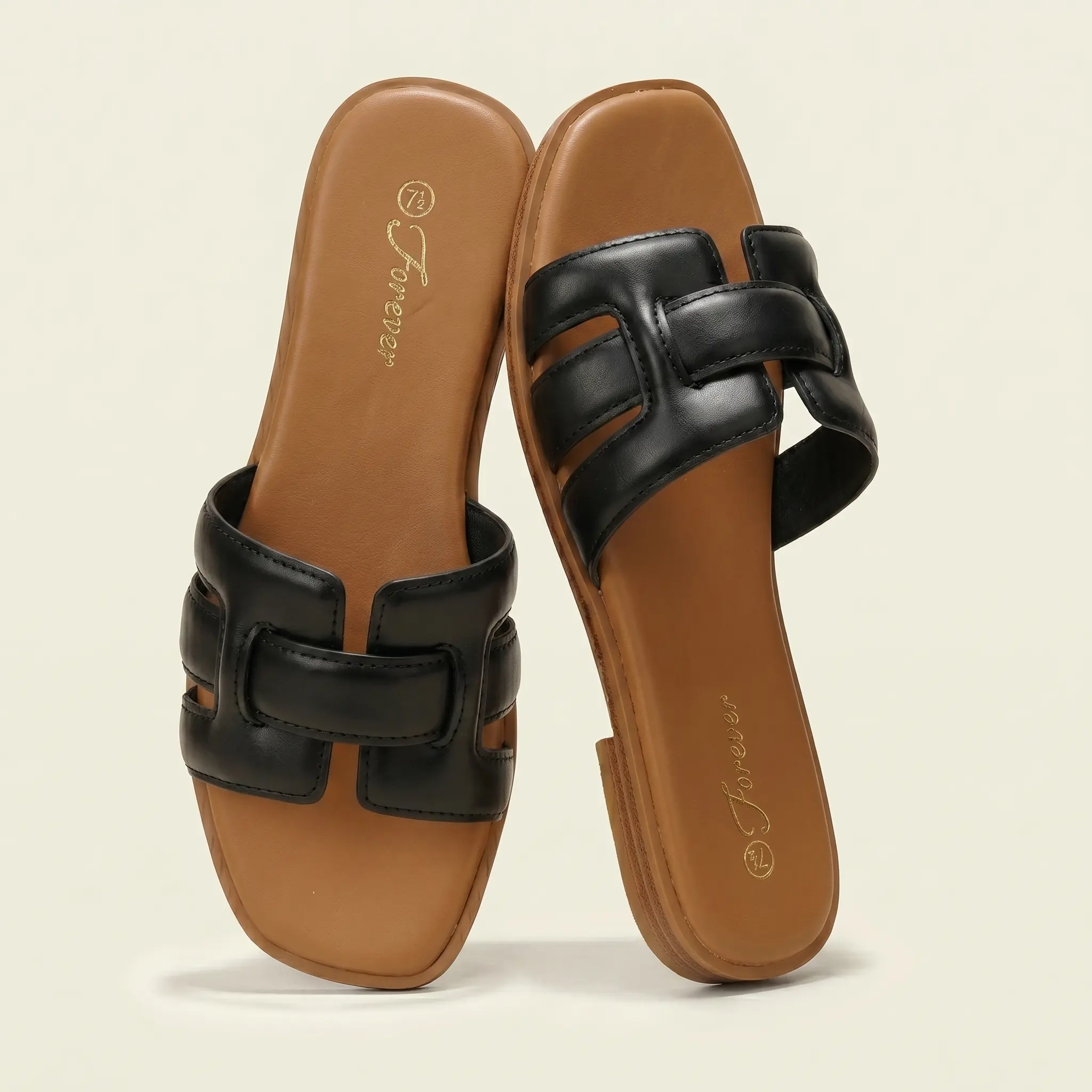 Forever Link Women's Flat Slide Sandals AMOUNT 15 – Cushioned Comfort, Lightweight Design, Premium Leather-Like Upper, Casual Open-Toe Slip-On Sandals