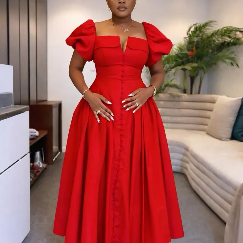 Women's Red Luxe Puffy Sleeve Princess Midi Dress - Fitted Vintage Corset-Style Bodice, Elegant Button-Down Women's Red Luxe Puffy Sleeve Princess Midi Dress - Fitted Vintage Corset-Style Bodice, Elegant Button-Down