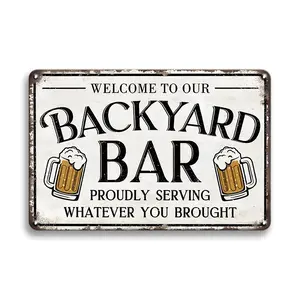 1pc Wall Art Metal Tin Sign - Welcome To Our Backyard Bar Wall Decor Vintage Decor Poster Beer Glass Pattern Perfect For Party, Bar, Beer Pub, Kitchen, Restaurant & Halloween Space Decoration