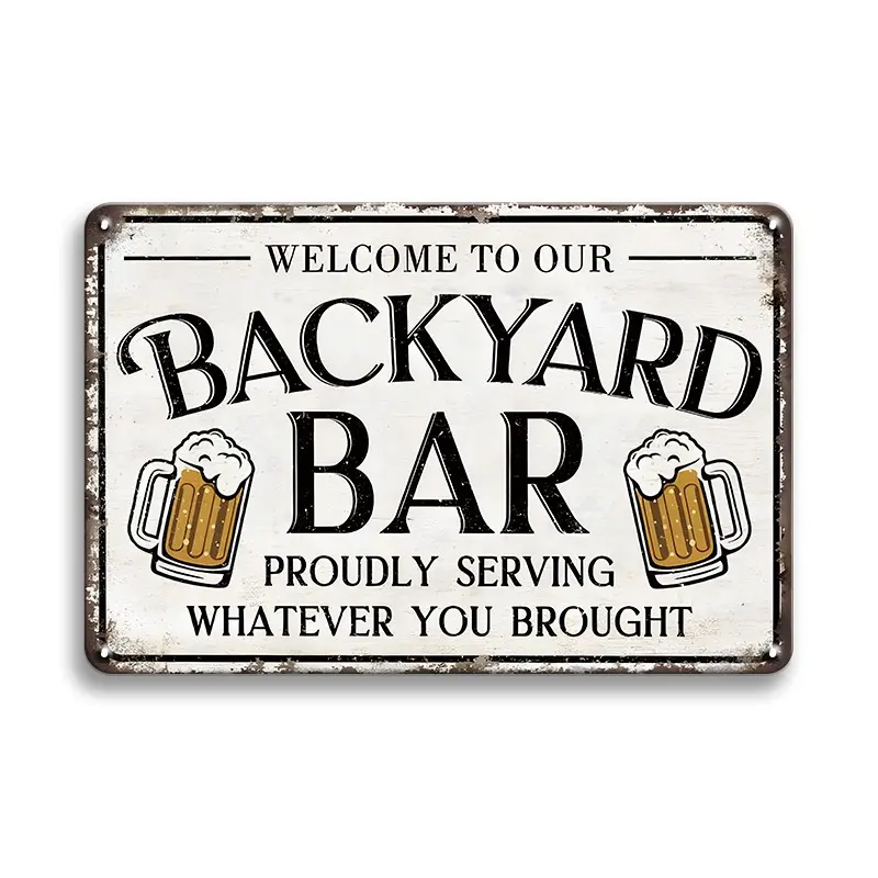1pc Wall Art Metal Tin Plaque Sign Home Sign Bar Signs Decorative Sign - Welcome To Our Backyard Bar Wall Decor Vintage Decor Poster Beer Glass Pattern Perfect For Party, Bar, Beer Pub, Kitchen, Restaurant & Halloween Space Decoration