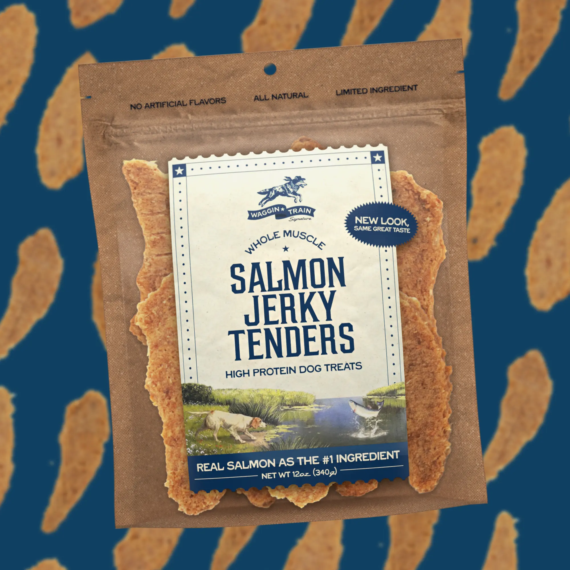 Waggin' Train Salmon Jerky Dog Treats Pouch for Adult Dogs of All Breed Sizes, 100% Real Salmon, 100% Digestible, Grain-Free, No Artificial Flavors or Colors, High-Protein, Skin & Coat Support