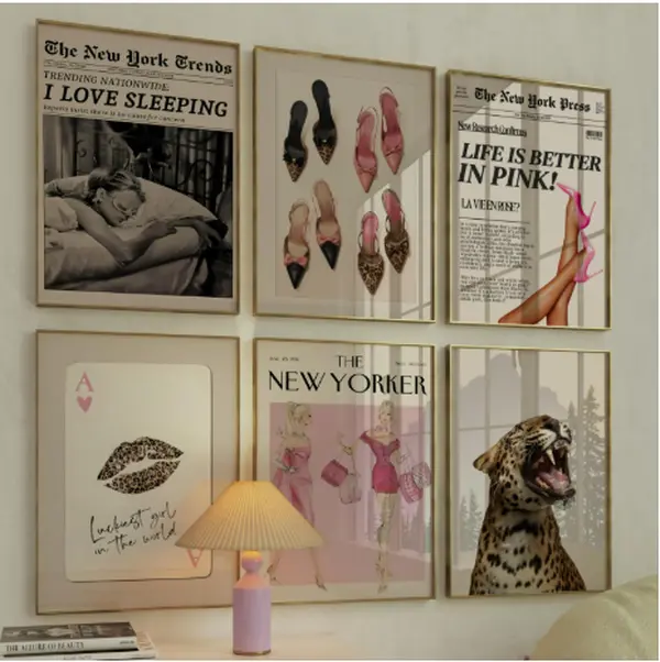 [Sale off up to 65%][Free Ship] New Yorker Style Pink Leopard Print Vintage Retro Magazine Wall Art for Living Room Bedroom Office Home Decor