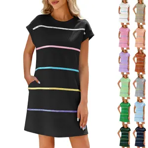 Danedvi Womens Textured T Shirt Dress Short Sleeve Summer Casual Sequin Stripe Mini Dresses
