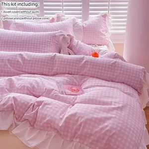 3pcs red, black and white, pink, blue, checkered bedding with soft lace lace duvet cover and pillowcase (excluding core), duvet cover with zipper for easy removal and washing, comfortable and soft fabric, suitable for all seasons Soft Bedding Sets