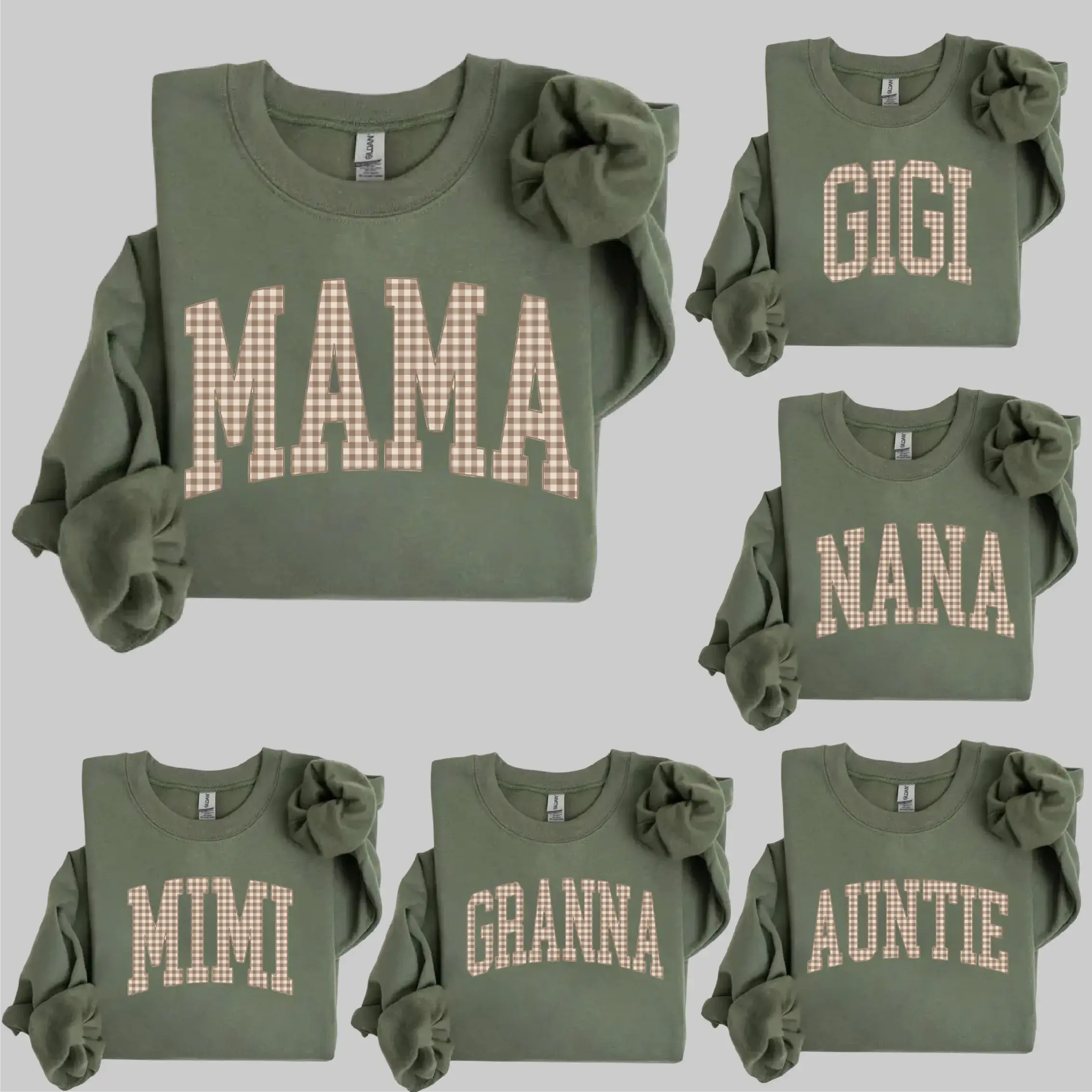 Customize Mama Gingham Sweatshirt, Personalized Mama Shirt, Cute Varsity Grandma Nana Gigi Crewneck for Women, Mimi Granna Auntie Family Sweatshirt, Mothers Day Gift Mom