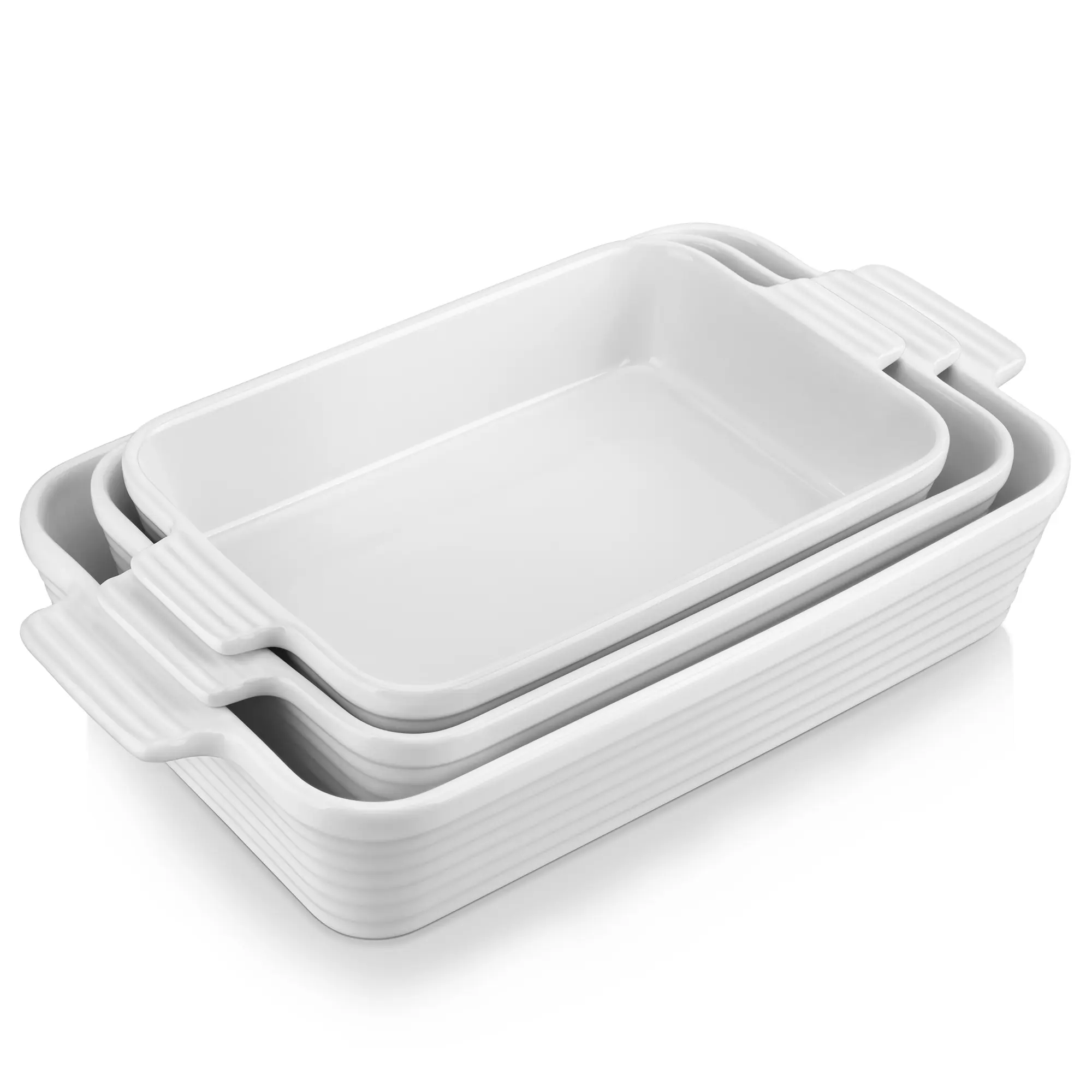 MALACASA Modern 3-Piece Ceramic Rectangular Casserole Bakeware Set - Handled Pans in 3 Sizes, Multi-Use for Oven Baking, Microwave & Dishwasher Safe, Ideal Gift, Three Sizes