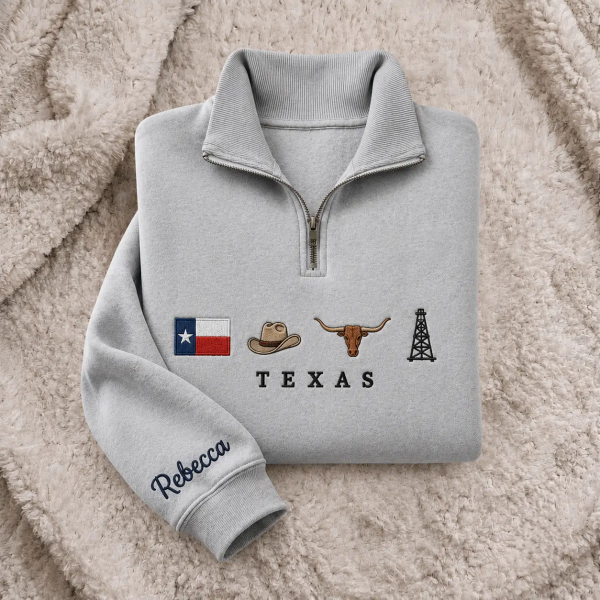 [MADE IN US] Texas Embroidered Quarter Zip Pullover, Texas Flag Sweatshirt, Personalized Texas Gift, Cowboy Hat Longhorn Oil Rig Embroidery, Western Texas Heritage Apparel for Cowboys