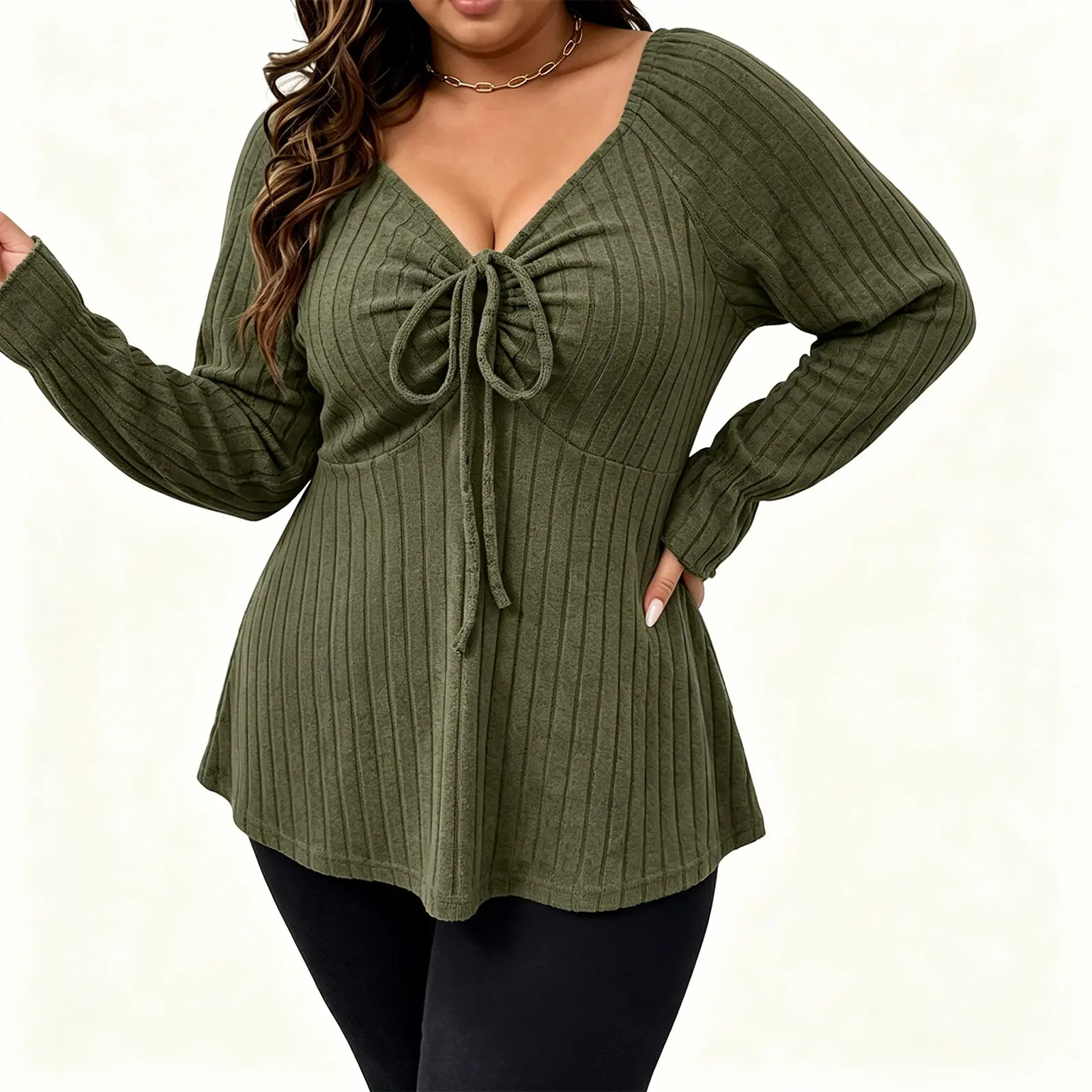 Eytino Women Plus Size Tops Sexy V Neck Babydoll Shirts | Long Lantern Sleeve,Solid Color,Drawstring,Loose Fit,Business & Work,Dressy Casual Peplum Top for Women (1X-5X) Womenswear