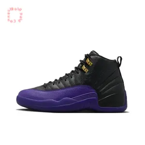 Black and Purple High-Top Retro Basketball Shoes with Black Leather Upper, Purple Overlays and Gold Lace Locks