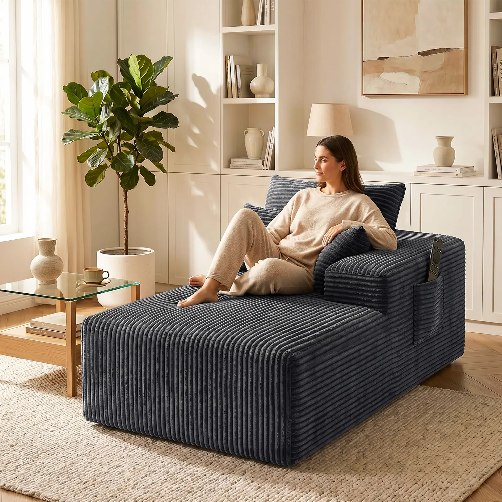 Father’s Day Modern Casual Frameless Boneless 3-Person Corduroy Modular Cloud Sofa-Couch, L-Shaped Sectional & Single Accent Chair, Deep Seats, No Assembly, Custom L-U Layouts, Sold Separately, Ribbed Fabric Furniture for Living Room, Apartment
