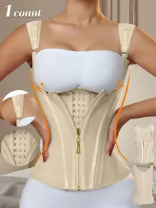 Women's Solid Color Zipper Hooks Waist Trainer Corset, Tummy Control Shapewear Tops, Adjustable Hooks Body Shaper for Women, Firm Tummy Control