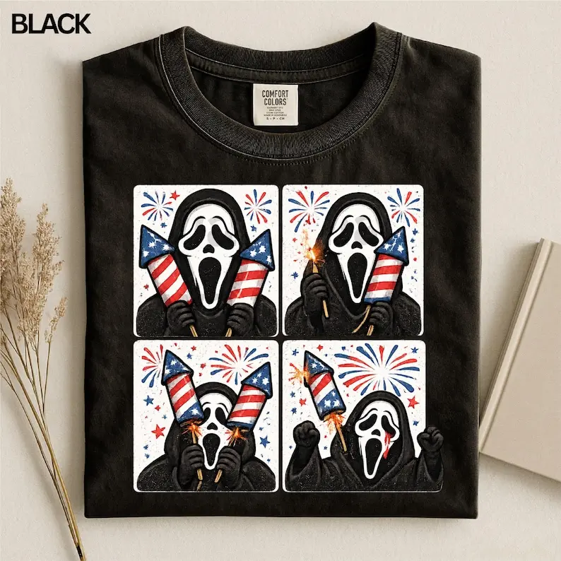Scream Mask Independence Day Shirt, Patriotic Horror Graphic Tee, 4th of July American Flag Tshirt for Adults and Teens