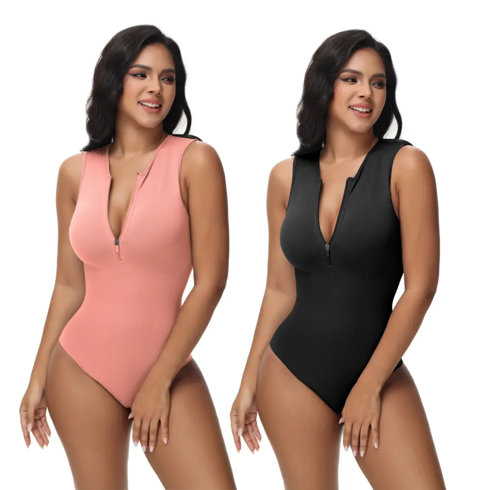 Soo Slick 2 Pack Viral Shapewear Bodysuits for Women - Sleeveless Front Zip Body Suit Comfortable Full Body Shaping Tops Clothing Plus Size Outfit Ideas Fall Summer Fabric Women's Wear