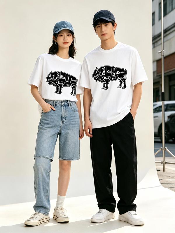 Women's Unisex Well-Fitted Short-Sleeve Crew Neck Graphic Print Bison Butcher Cut T-Shirt - Pure Cotton Comfortable Fabric Top, Breathable, Casual Beach Wear, Easy Matching
