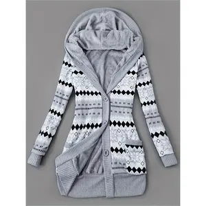 Women'S Warm Long Sleeve Padded Jacket - Mid-Length Knitted Hooded Cardigan with Pockets Fleece Lining, Suitable Spring Outdoor Warm Wear, Women'S ClothingGift