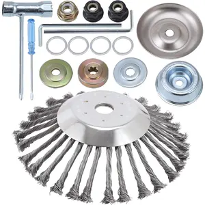 10 Inch Rotary Steel Wire Brush Cutter Trimmer Head with Adapter Kit, Compatible with Stihl, Husqvarna String Trimmers for Moss, Grass, and Rust Removal, Heavy Duty Lawn Tool, Garden Maintenance Equipment, Durable Brush Attachment