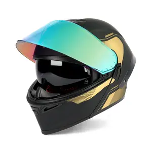 OTS Dobermann Matte Black Gold Flip-Up Helmet with LED Spoiler & Chrome Visor for Enhanced Visibility DOT Approved for Safety