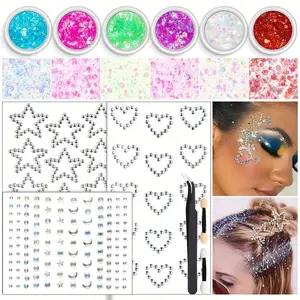 6-Color Jelly Glitter + Face Rhinestone Sticker Set, Universal Sequin Set for Face, Body, and Hair, Suitable for Various Parties, Music Festivals, Rave Outfits, Enhances Your Makeup Look, Long-Lasting Wear, Non-Slip