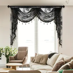 Black Lace Valance Curtain - Elegant European-Style Wave Design, Rod Pocket, Blocks Light, Easy Installation, Suitable for Windows, Doors, Living Room