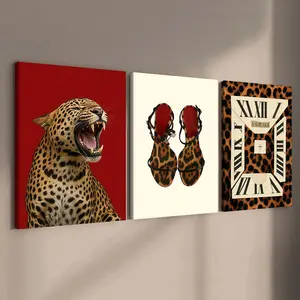 3-Pack Wood Frame Canvas Posters, Vintage Leopard Print High Heels Decor, Modern Living Room Art, Waterproof, Gift Idea
