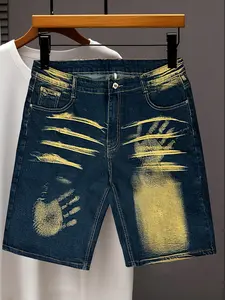 2026 New Men's Slim Wash Personality Trend Summer Low Rise Denim Shorts, Unique Handprint and Irregular Pattern Design