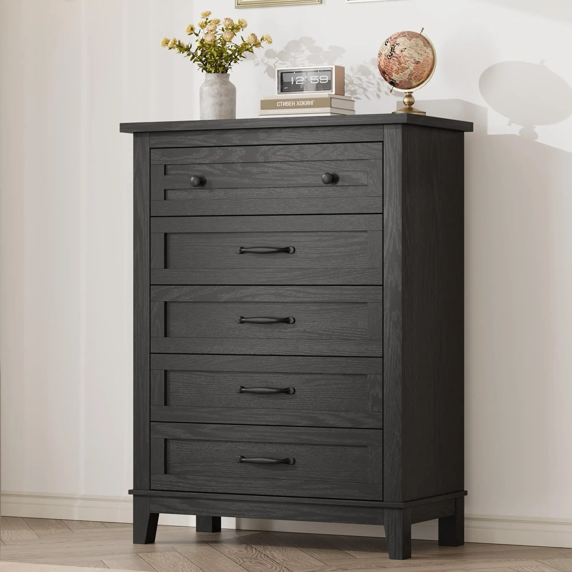 Black Sturdy Freestanding Vertical Wood Drawers Dresser - 41.3in Tall (40-49in Range), 5 Storage Drawers, Solid Wood Timber Frame, Easy Setup, 158 lbs Capacity, Breathable Lightweight Storage, Bedroom Organization Solution (Assembly Required)