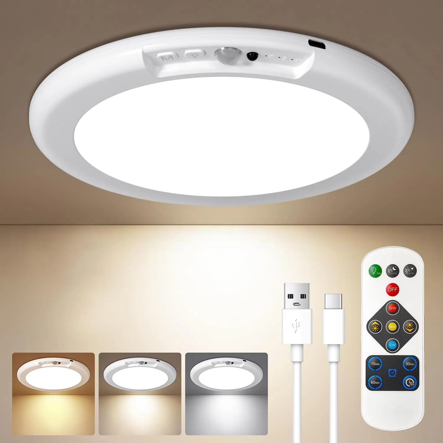 Rechargeable Motion Sensor Ceiling Light with Remote - Magnetic Wireless Ceiling Light, Portable Battery Powered LED Lamp with 3 Color Temperatures, Dimmable Light for Home Office Closet Patio