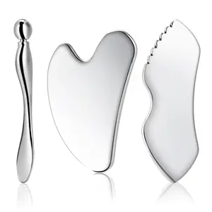Gua Sha Facial Tools, 3 Counts Stainless Steel Metal Guasha & Eye Cream Applicator Facial Sculpting Tool Set Eye Massager Lymphatic Drainage for Face Neck
