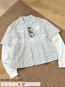 1 Piece Unisex Oversized Asymmetrical Plaid Shirt with “FREEDOM” Graphic Print, Casual Streetwear Layered Style, for Young Adults in Urban Outings and Daily Wear