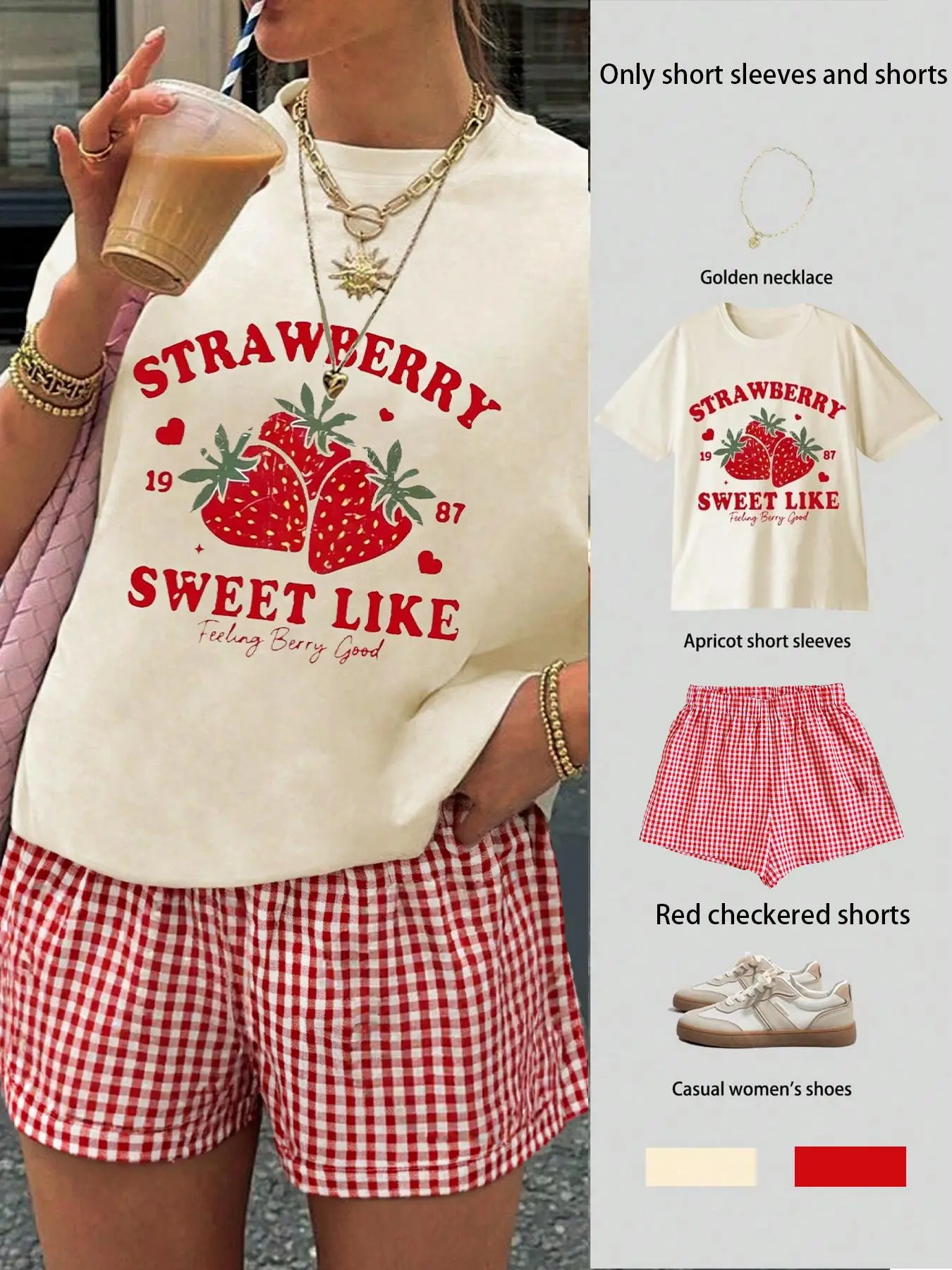 Women's Strawberry Print Fitted Crop Tee & Plaid Print Shorts Two-piece Set, Checkered Lounge Set, Casual Loungewear Set, Casual Round Neck Short Sleeve T-shirt & Shorts, Ladies Clothes