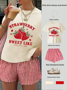 Women's Strawberry Print Fitted Crop Tee & Plaid Print Shorts Two-piece Set, Checkered Lounge Set, Casual Round Neck Short Sleeve T-shirt & Shorts, Ladies Clothes