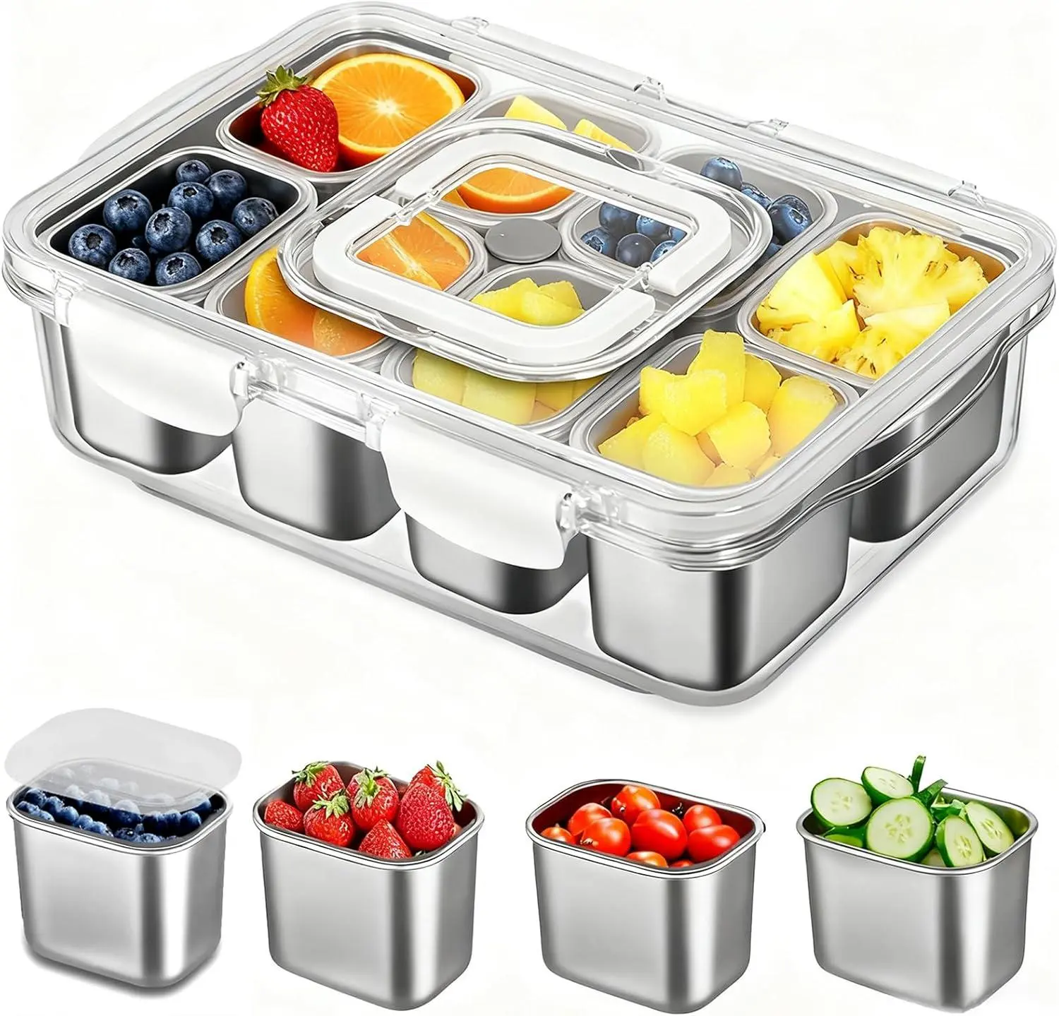 Snackle Box Container, Stainless Steel Divided Serving Tray with Lid and Handle, Large Snack Tray for Fruit Veggie Candy, 8-Compartment Snack Platter for Travel Party Beach Picnic kidinit